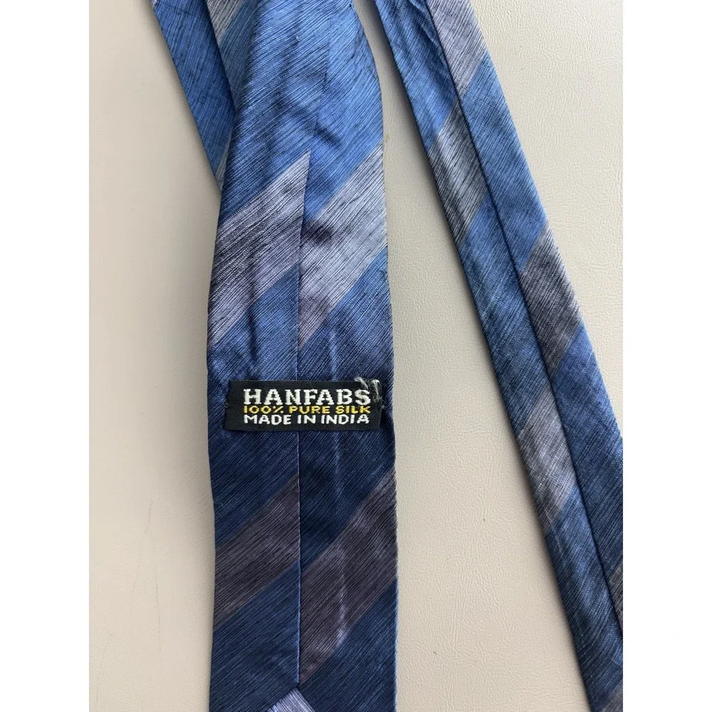 HANFABS 100% Silk‎ Tie Blue Gray Diagonal Stripe Made In India Classic Mens